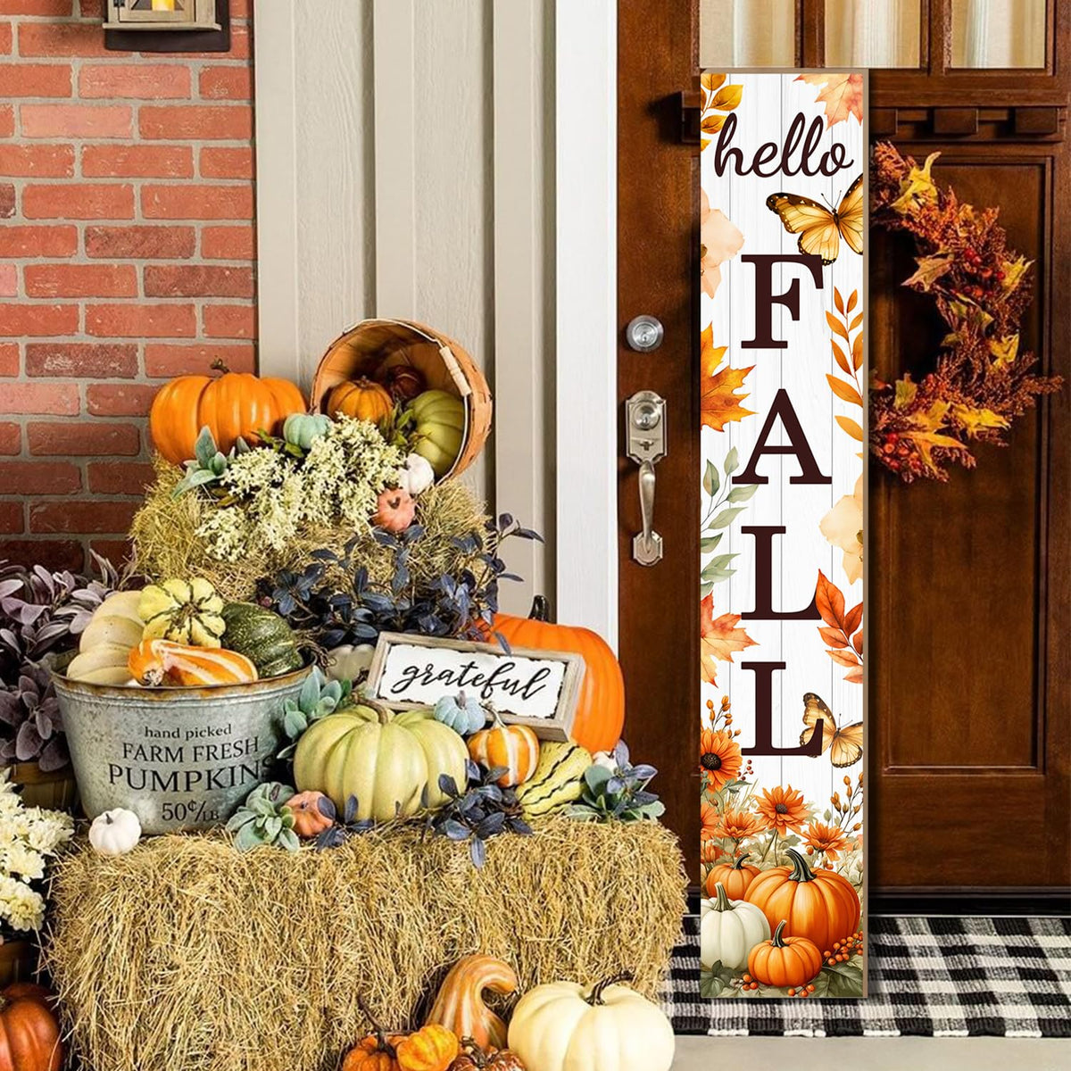 Hello Fall Porch Sign Autumn Pumpkin Maple Leaf Welcome Sign Vertical Standing Sign For Front Porch Decor Farmhouse