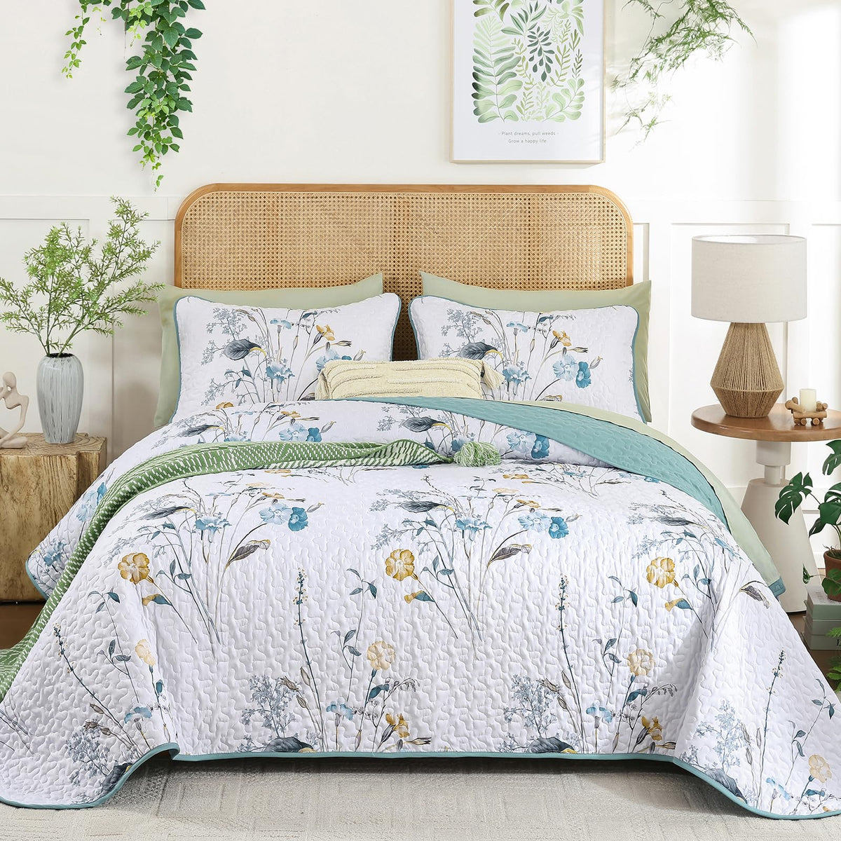 Teal Quilt Set Queen, Floral Boho Bedspread 3 Pieces