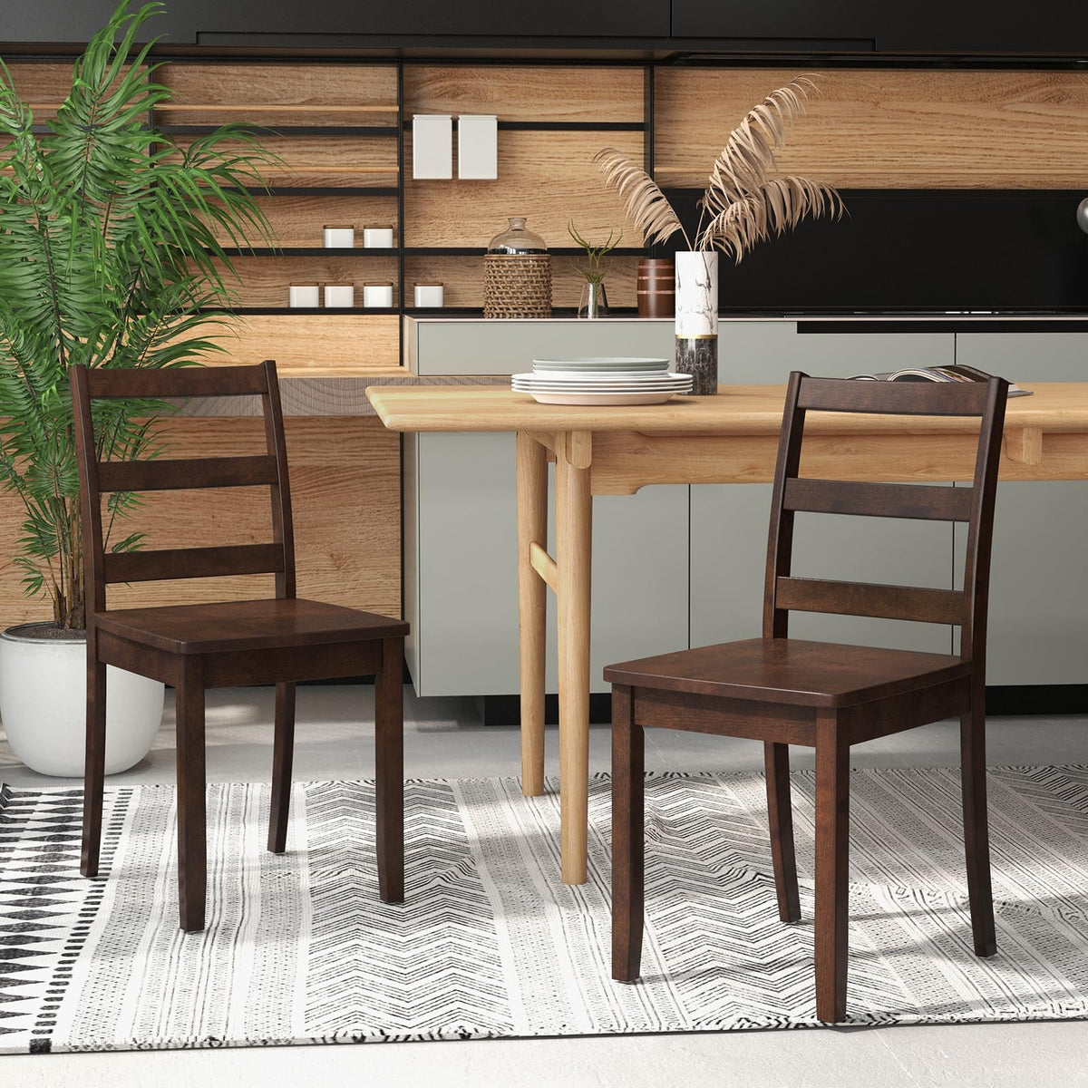 Wood Dining Chairs Set of 4 Walnut- Wooden Armless Kitchen Chairs with Solid Rubber Wood Legs, Non-Slip Foot Pads