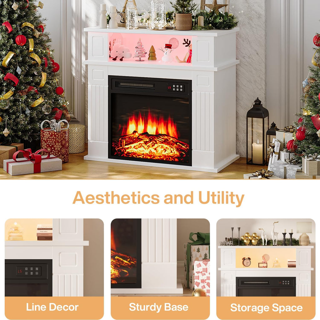 28 Inch Electric Fireplace with Mantel, Portable Freestanding Fireplace with 18 Inch Insert, 3D Realistic Flame, Shelf Storage and Remote Control, White
