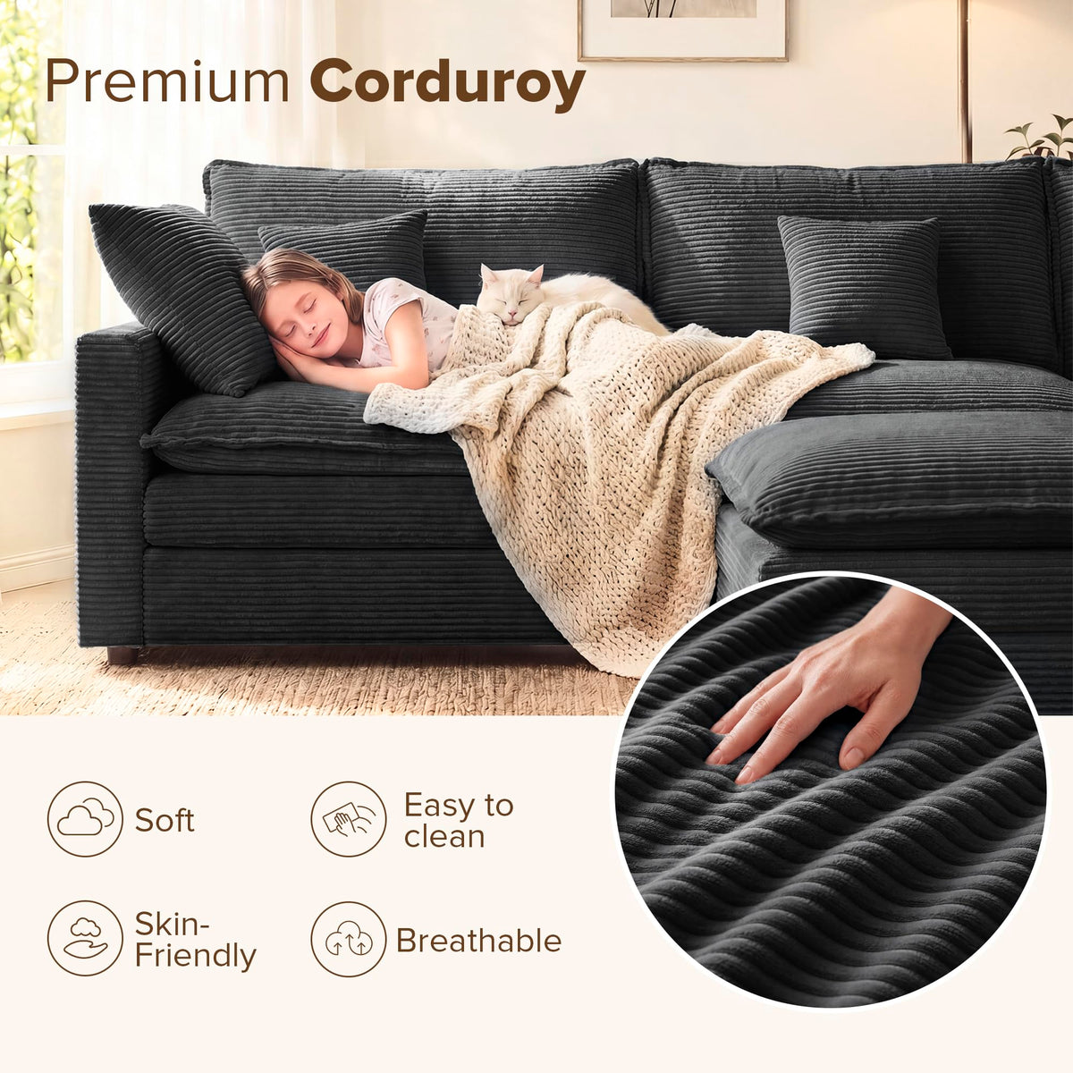 Oversized Cloud Couch Sectional, Deep Seat Modular Sofa with Ottoman, Black