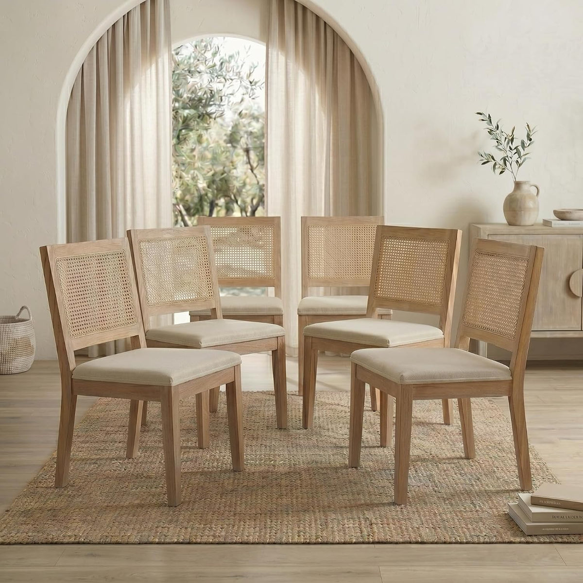 French Country Dining Chairs Set of 6, Beige Modern Kitchen & Dining Room Chairs, Rattan Dining Chair with Linen