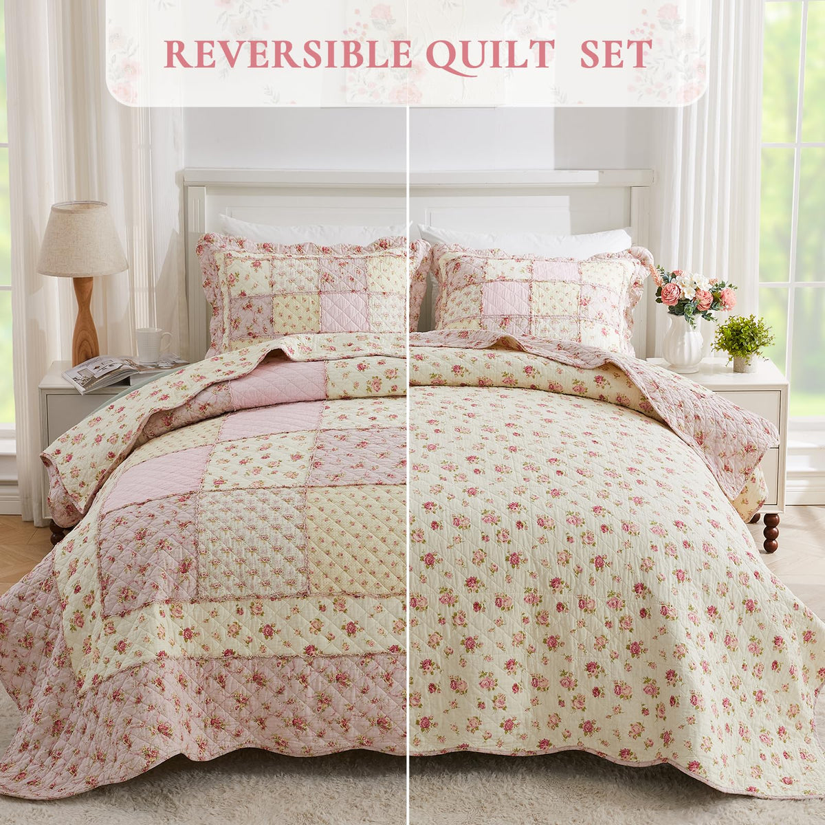 100% Cotton Patchwork Quilt Set Queen, Real Sewn, 3-Piece Pink Floral Quilt Bedding Set Reversible Lightweight