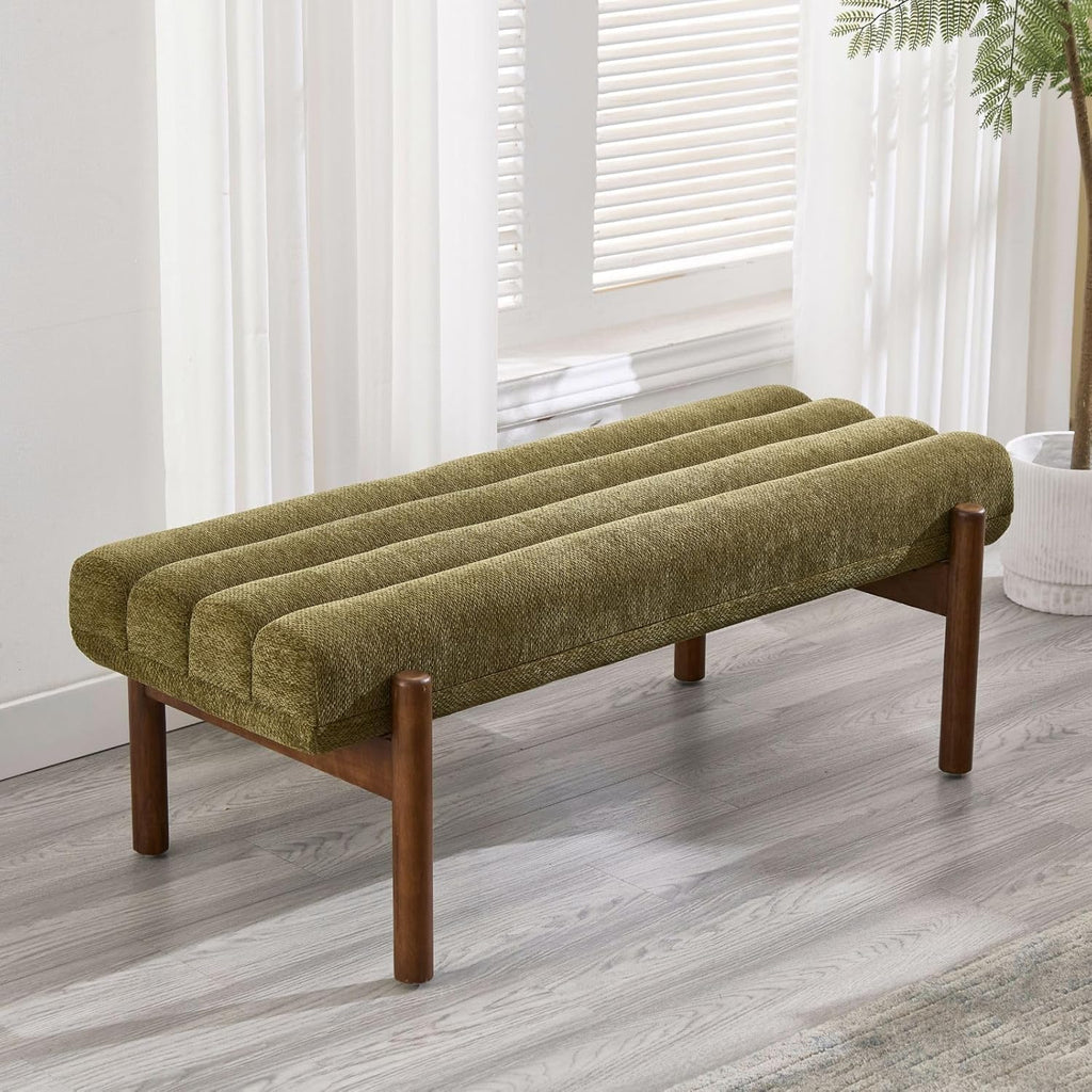 Green Modern Bench End of Bed Entryway Living Room | Chenille Fabric, Wooden Legs, 47" Long, Upholstered, Vintage Mid