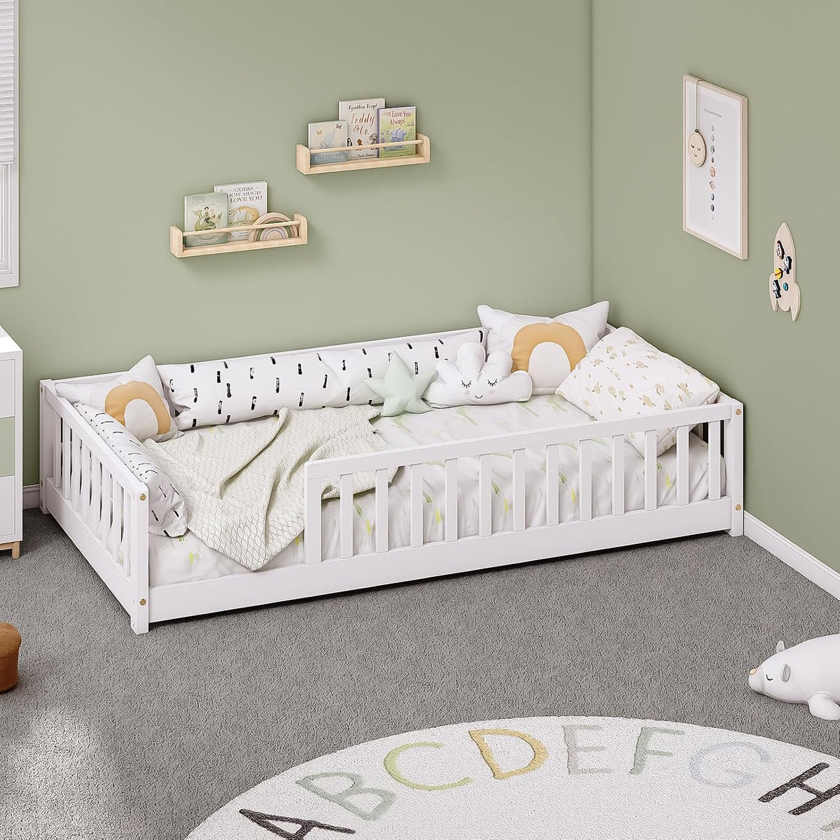 Twin Montessori Floor Bed with Rails | Solid Wood White Floor Bed Frame for Kids, Montessori Bed with Slats, No Box