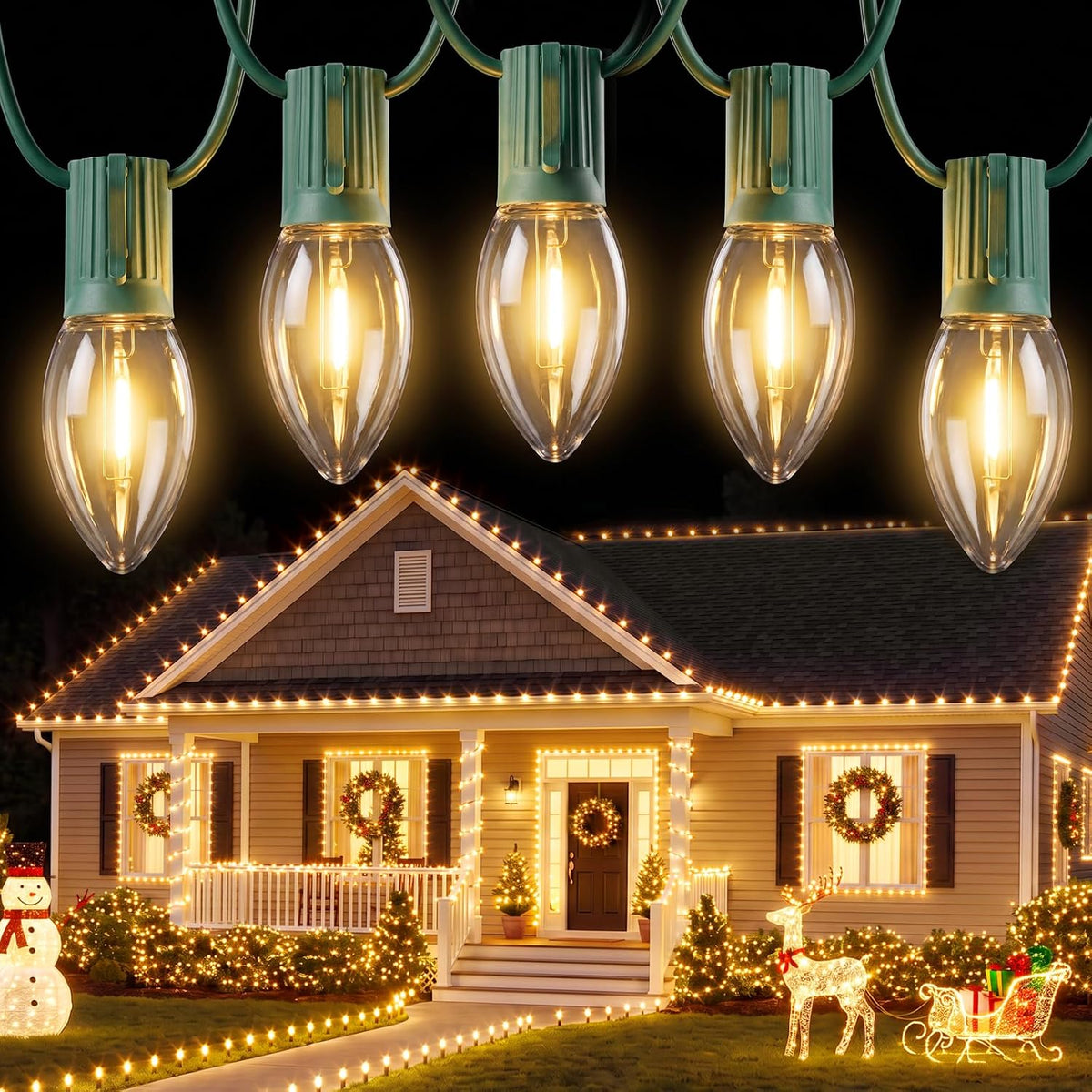 C9 Christmas Lights Outdoor, 100FT 50 Clear LED Bulbs, Warm White