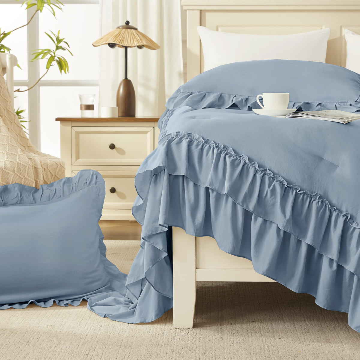 Grayish Blue Ruffle Comforter Set, 3 Pieces Solid Bedding