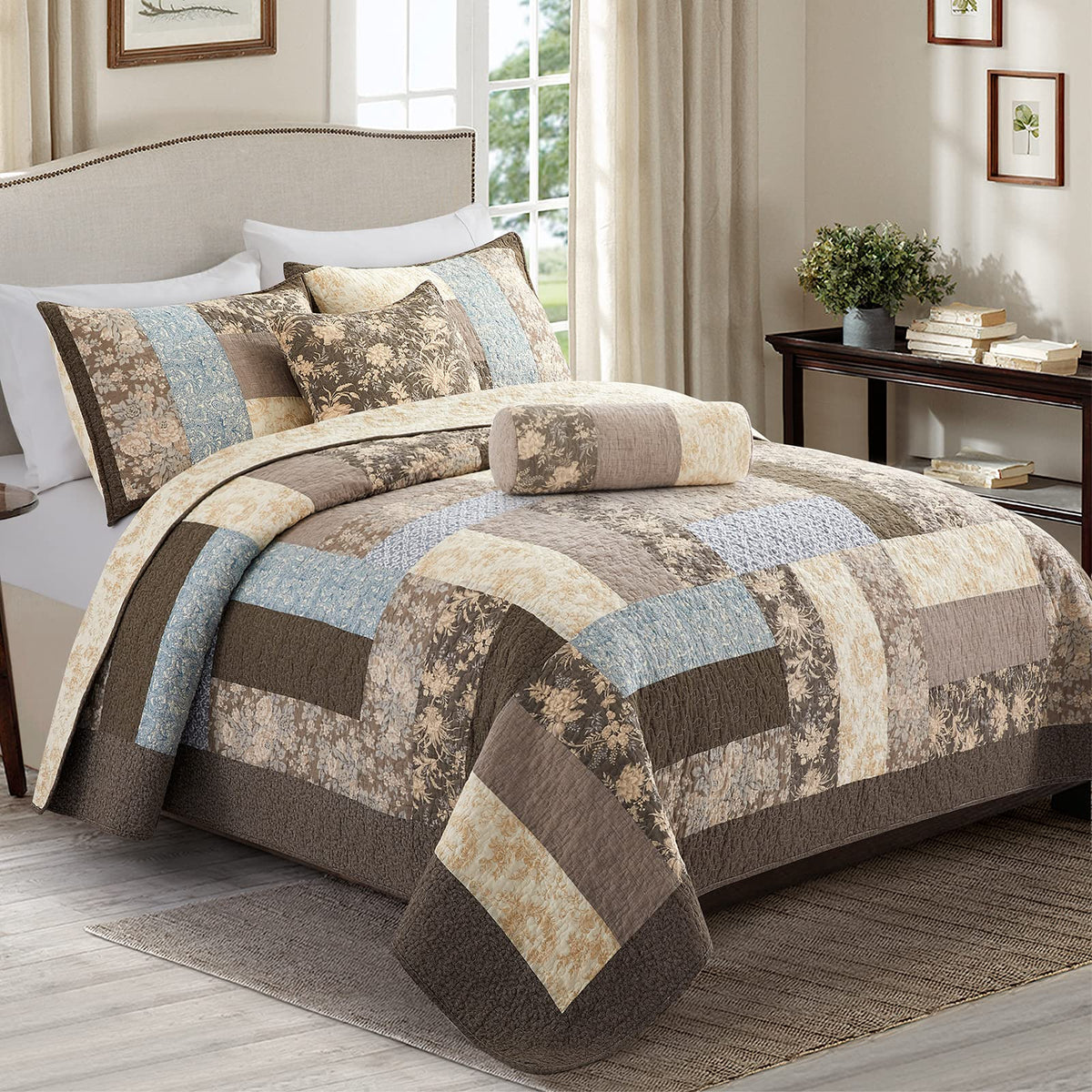 100% Cotton Patchwork Comforter Set 3 Pcs Quilt Sets Cabin Brown Bedspread (90 x 90inch) Reversible Vintage