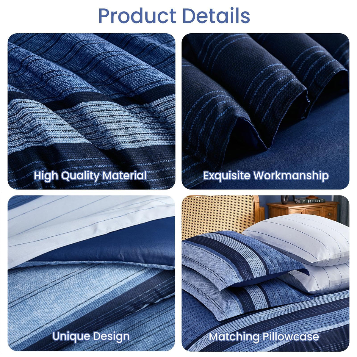 Navy Blue Comforter Set, 7 Pieces Striped Bed in a Bag