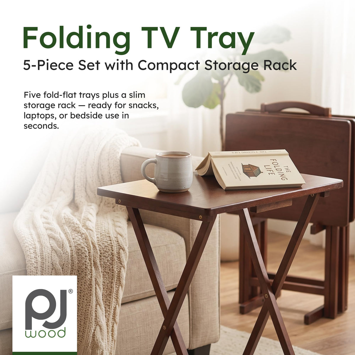 5-Piece Folding Tray Table Set - Walnut with Rack