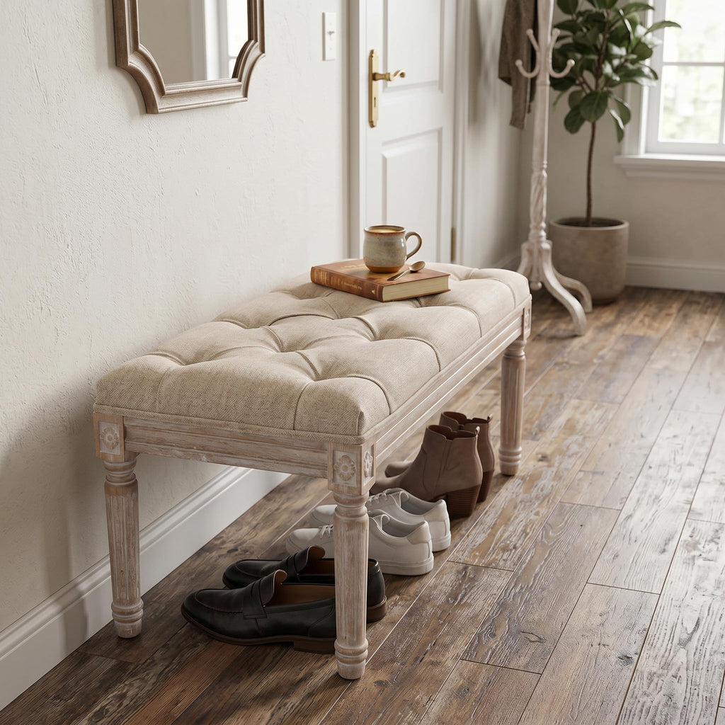 31.5" French Country Entryway Bench Dining Bench, Beige