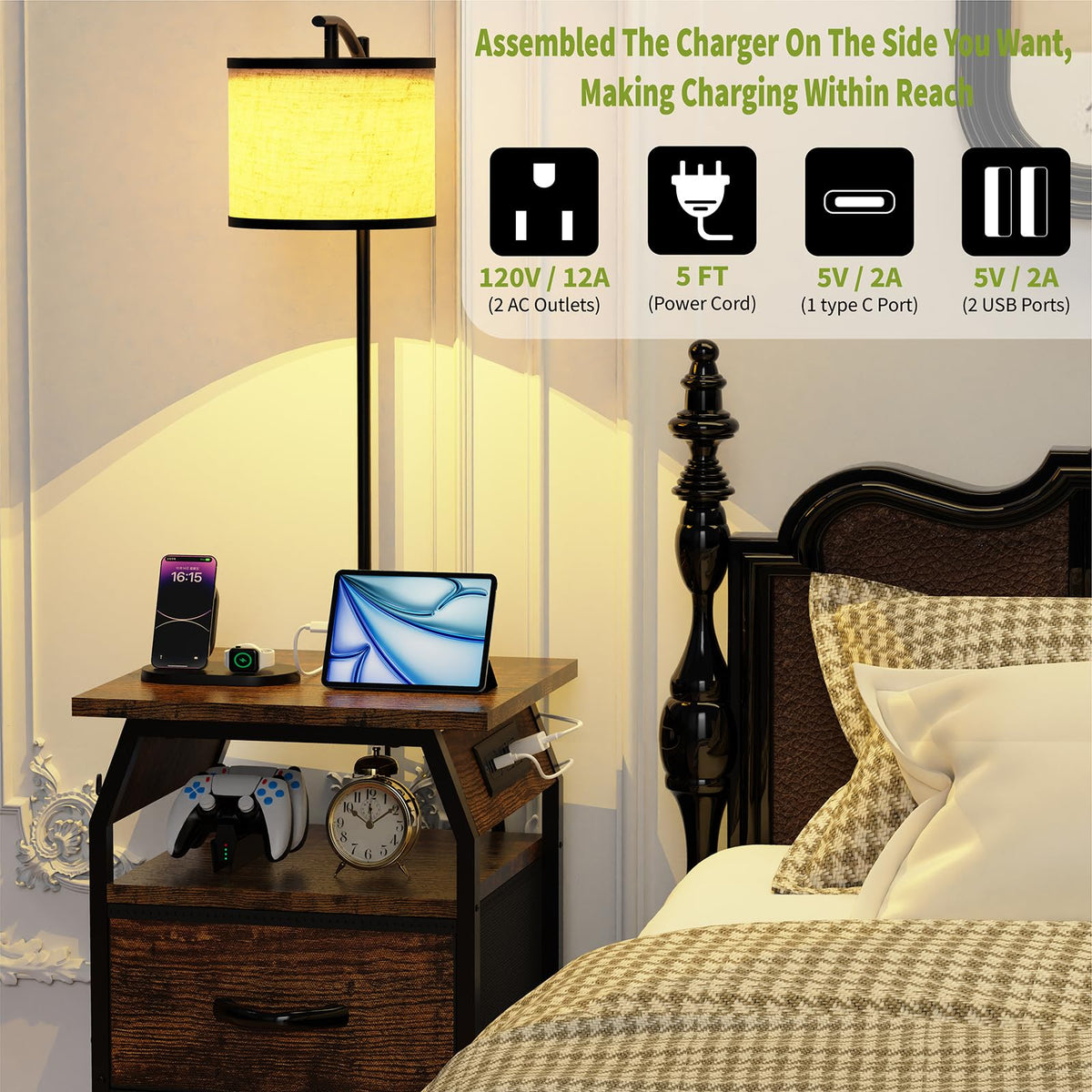 Floor Lamp with Table, End Table with Light and Charging, Rustic