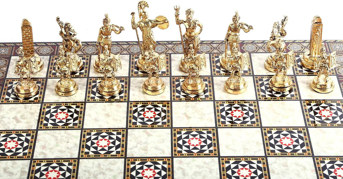 Historical Roman Figures Metal Chess Set for Adults, Handmade Pieces and Mosaic Design Wooden Chess Board King 2.8 inc