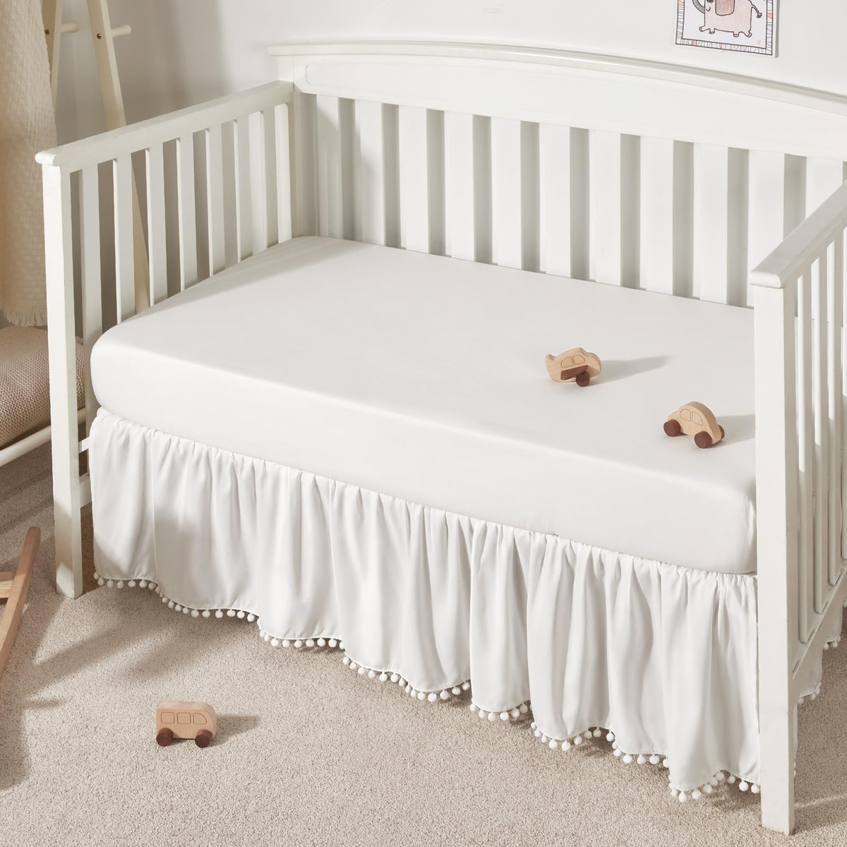 Baby Crib Skirt Girls Boys, Ruffled Bed Skirt with Pompoms, 28"x 52", 14'' Drop, White
