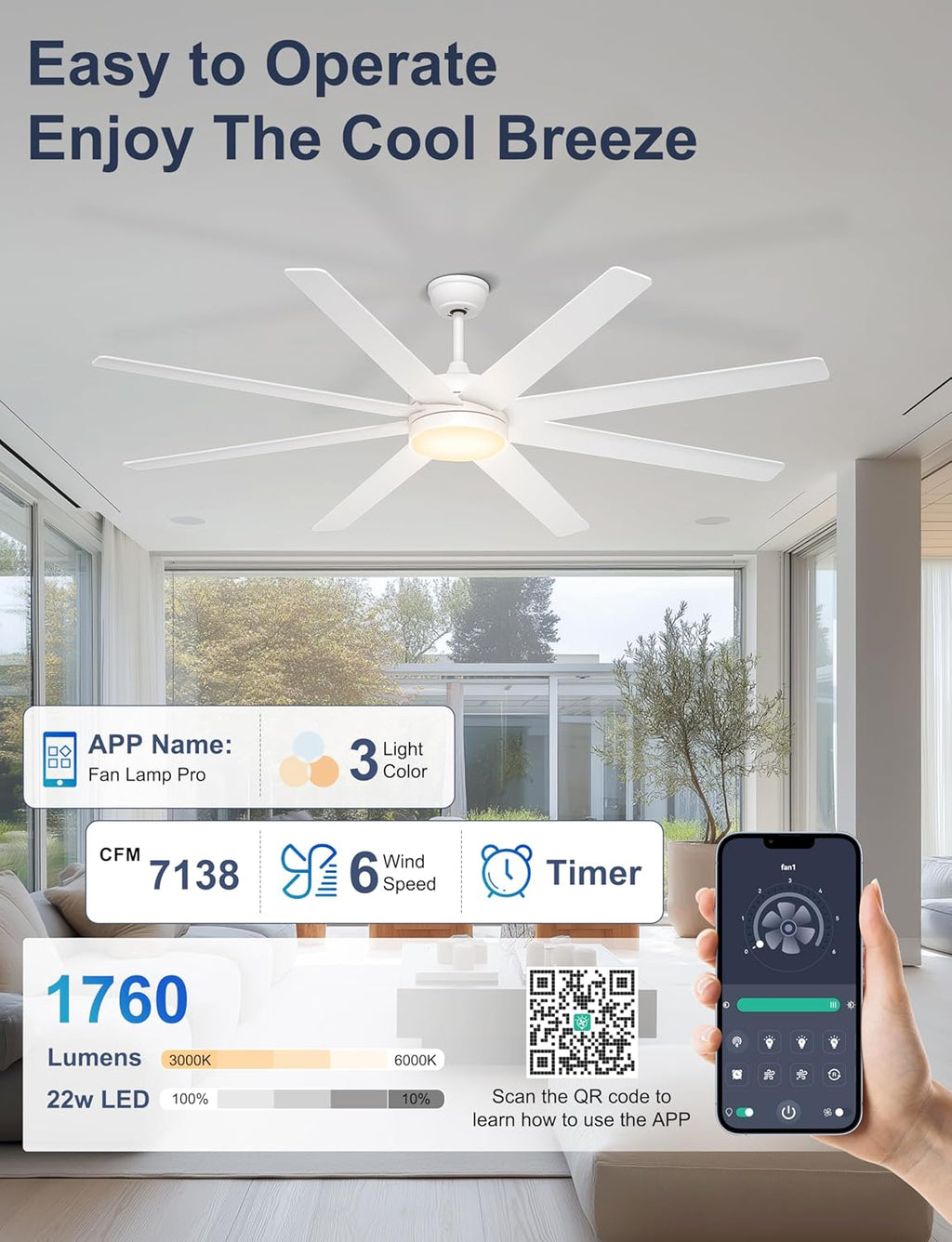 72" White Ceiling Fan with Light & Remote