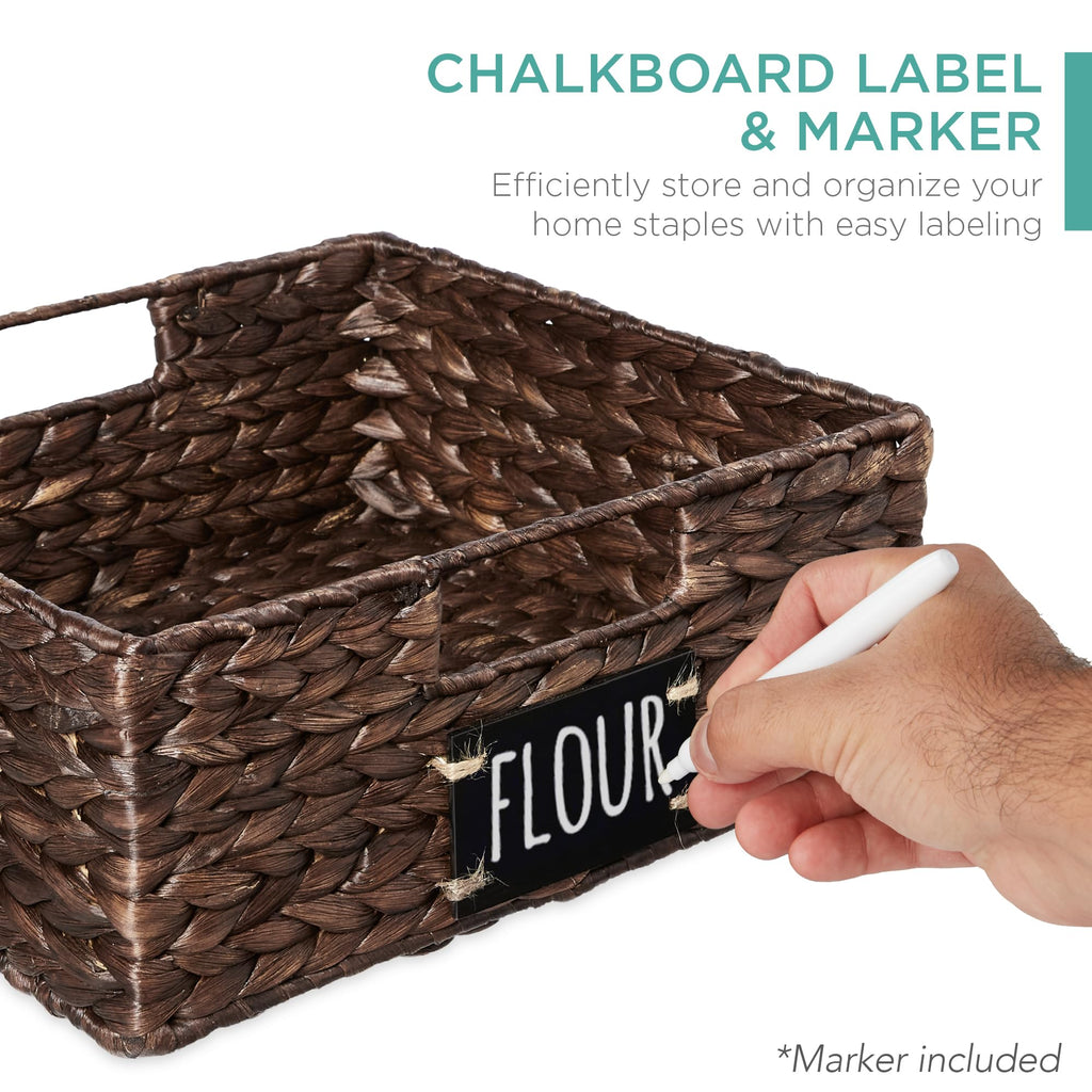 Set of 4 13x12in Water Hyacinth Pantry Baskets, Woven Organizers w/Chalkboard Label, Chalk Marker - Brown