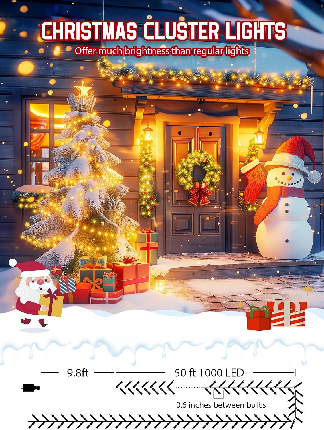 1000 LED Cluster Lights Christmas Tree Lights Outdoor Christmas Firecrackers String Light, 12 Modes Timer Remote