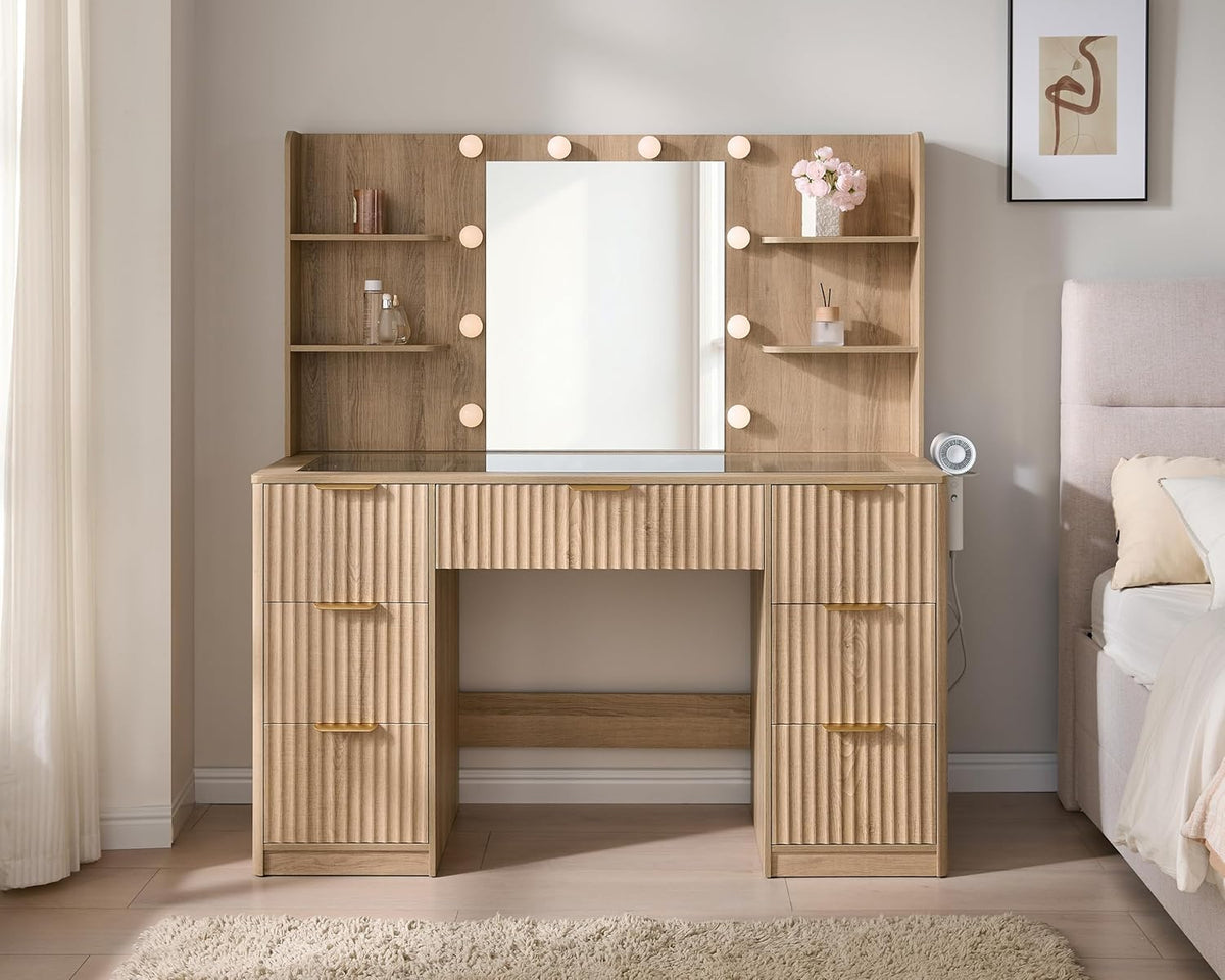 47.2" Fluted Vanity Desk with Mirror and Lights, Natural Oak | Large 7 Drawers Wood Makeup Vanity Table with Glass