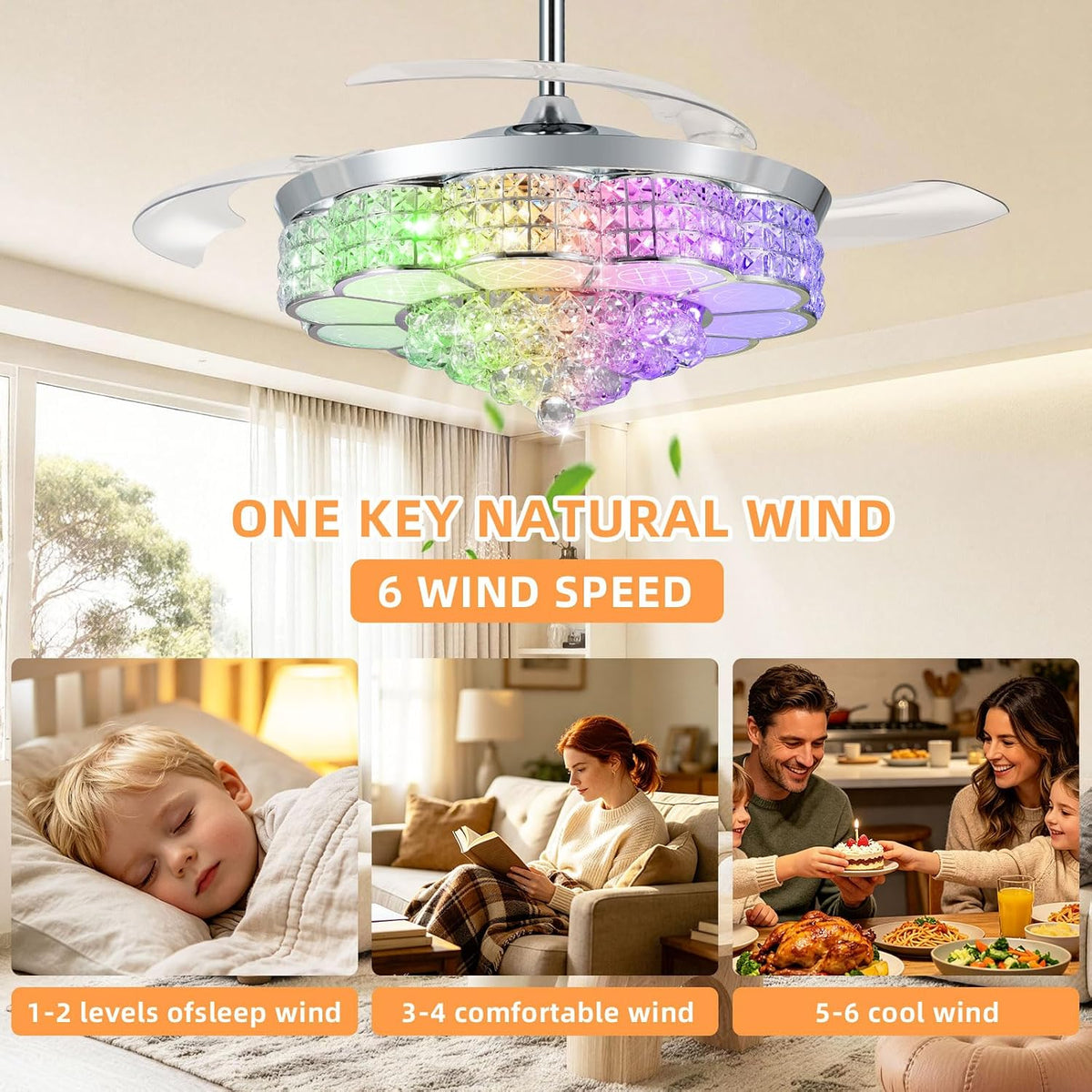 52" Crystal Retractable Ceiling Fan with Light & Remote
