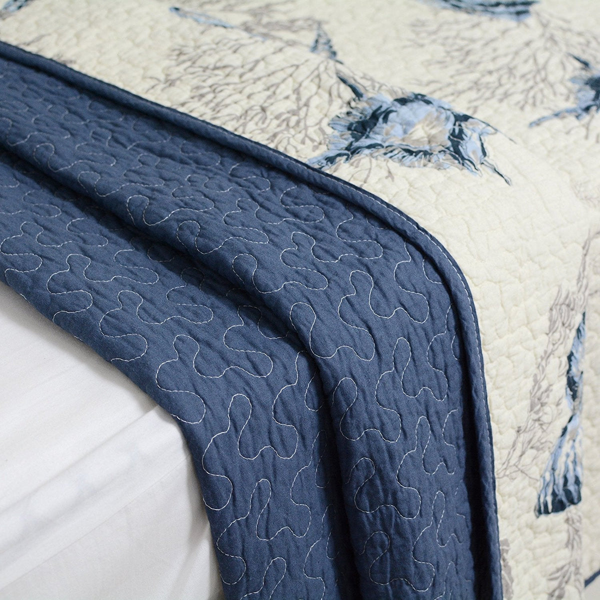 Ocean Comforter Sets 100% Cotton Lightweight Quilt Set Coverlet Sets Navy Coastal Bedding 2-Piece