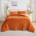 3 Pieces Fluffy Faux Rabbit Fur Comforter Set, Plush Fuzzy Bedding Set, Stripes Design Warm Soft Comforter