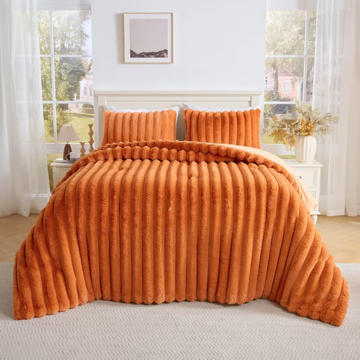 3 Pieces Fluffy Faux Rabbit Fur Comforter Set, Plush Fuzzy Bedding Set, Stripes Design Warm Soft Comforter