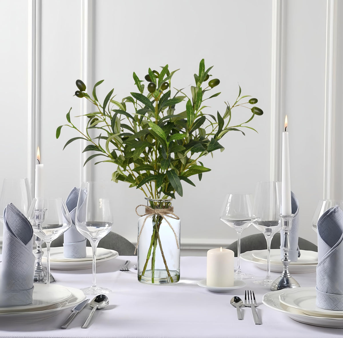 Artificial Plants Olive Branch in Glass Vase, 14.5" Fake Plant Greenery Stems with Olive Branches Faux Eucalyptus