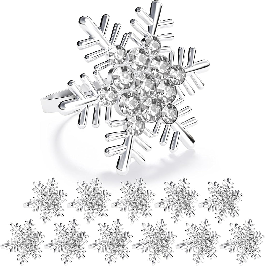 Christmas Silver Snowflake Napkin Rings, Napkins Ring for Dinning Table - Rustic Dinner Tables Decoration - Set of 12