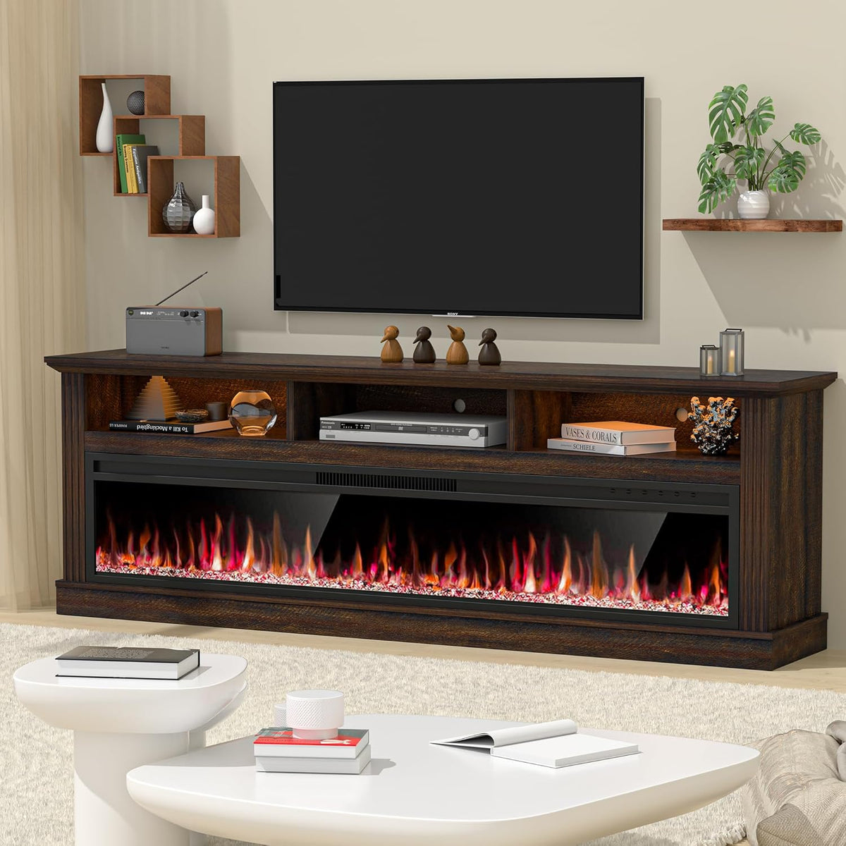 58 Inch Farmhouse Fireplace TV Stand for TVs up to 65 Inches, Entertainment Center with 52 Inch Electric Fireplace, LED Lights, Brown Media Console