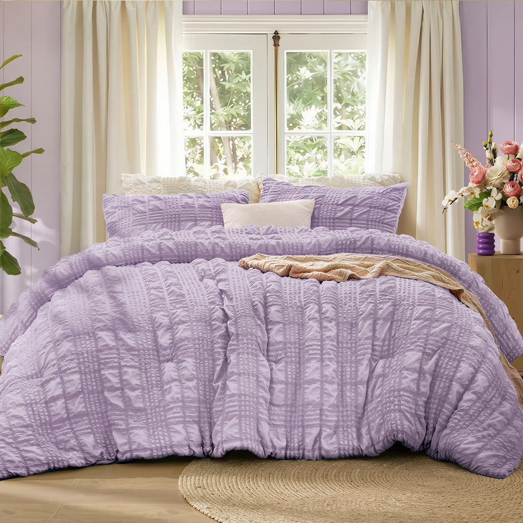 Comforter Set, Seersucker Bedding Set 3 Pieces, Lavender