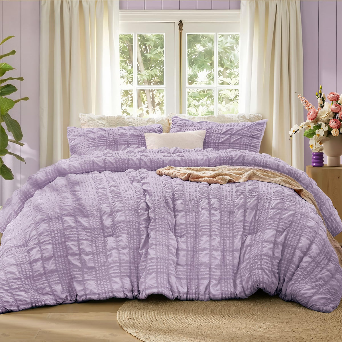 Comforter Set, Seersucker Bedding Set 3 Pieces, Lavender