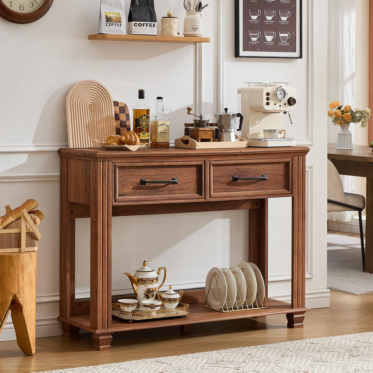 46" Farmhouse Console Table with Drawers, Brown Entryway Table