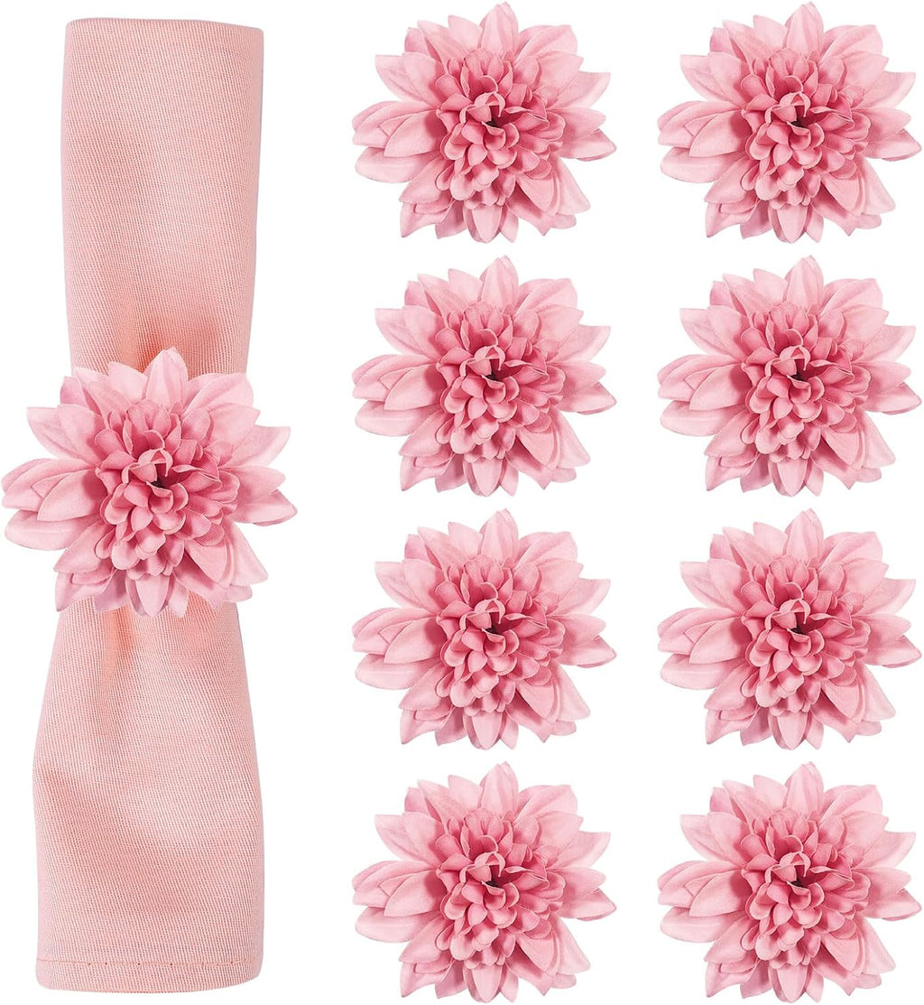 Farmhouse Flower Napkin Rings, Faux Pink Dahlia Napkin Ring, Natural Serviette Buckles Holder for Gift,Table - Set of 8