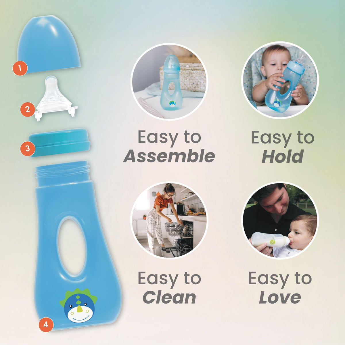 8 oz Easy Grip Baby Bottles w Medium Flow Nipples, 3-9M (Set of 3)