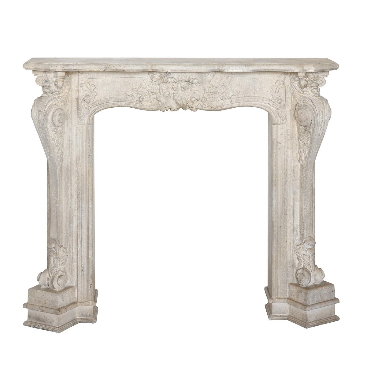 Ornate Decorative Wood Fireplace Mantel, Distressed Cream