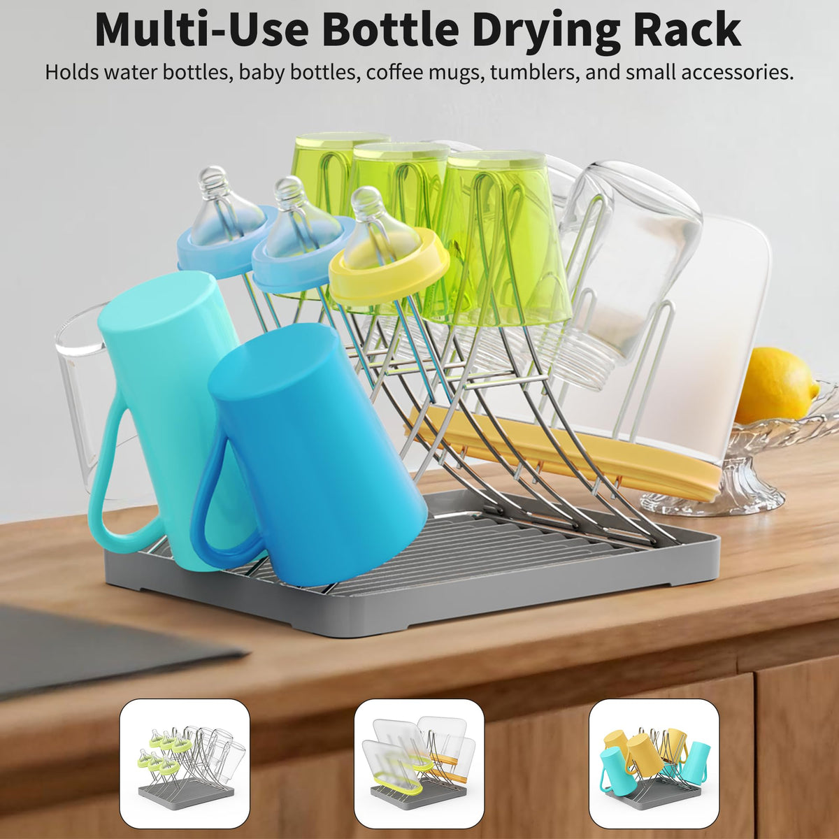 Baby Bottle Drying Rack, Space Saving Bottle Drying Tree Rack with Drainboard for Cups, Mugs and Glass, Sports
