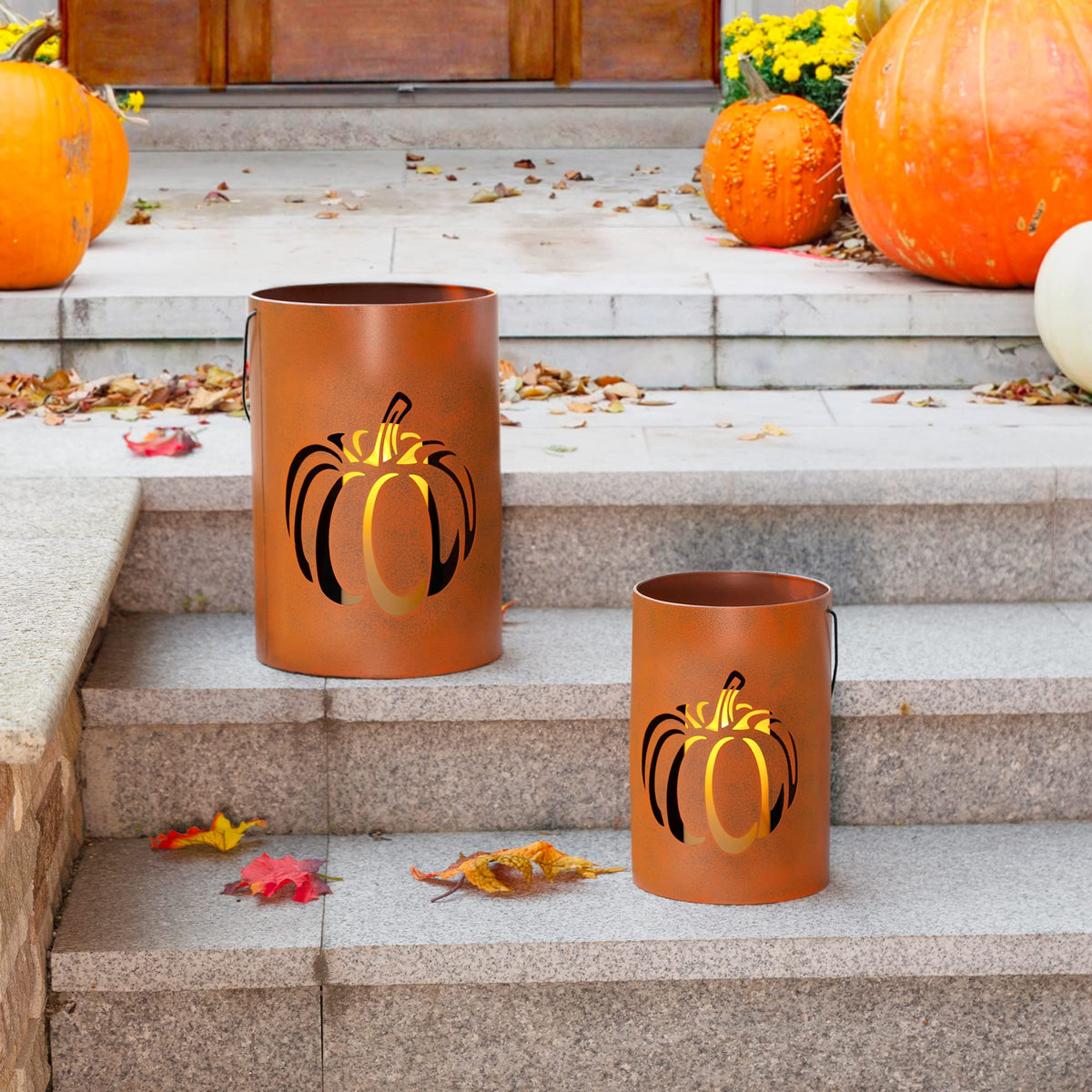 2 Pcs Farmhouse Fall Lanterns Thanksgiving Metal Candle Lanterns Buckets Indoor Outdoor Decorations Thankful Fall