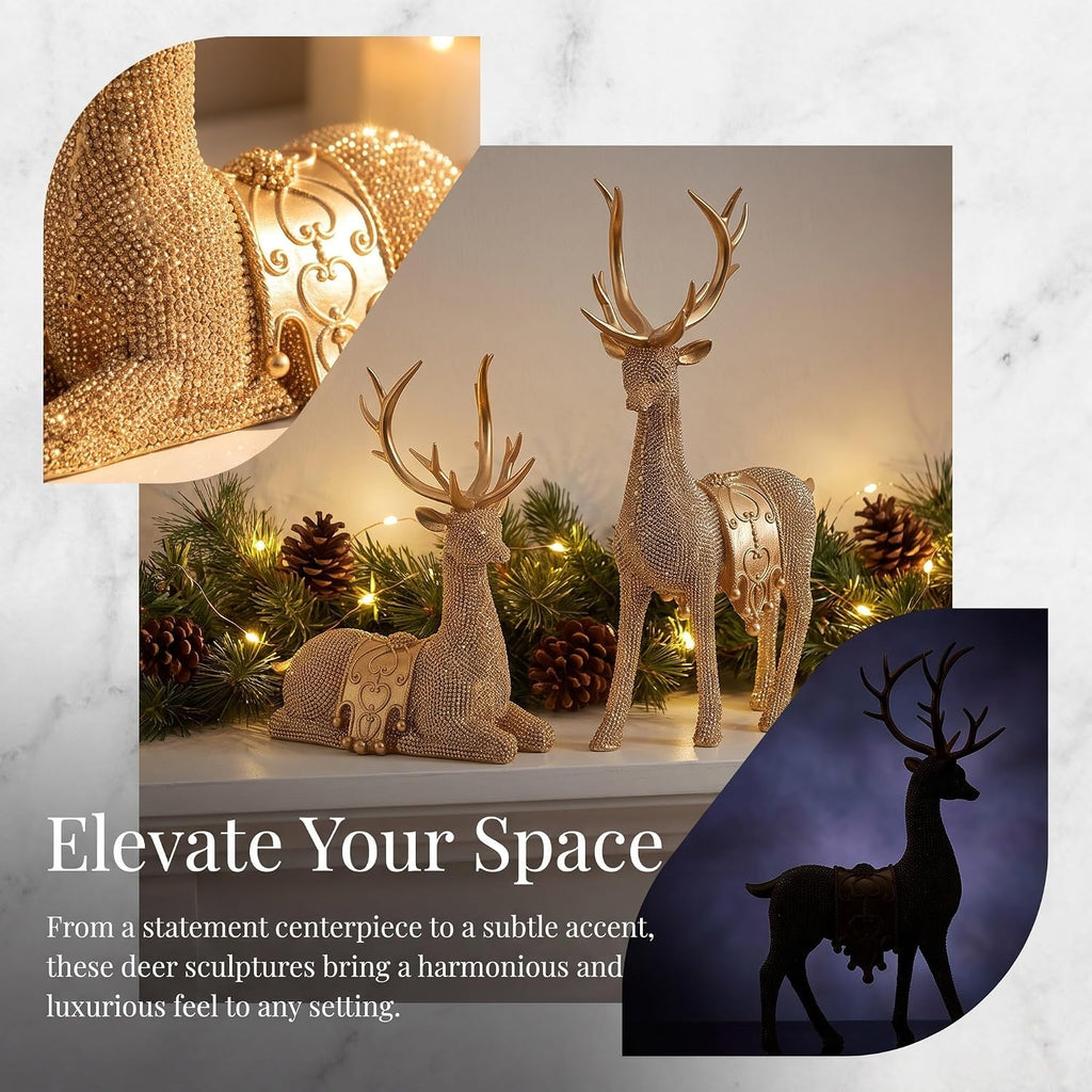 Xmas Resin Deer Figurines, Golden Elk Statue Pair for Mantel