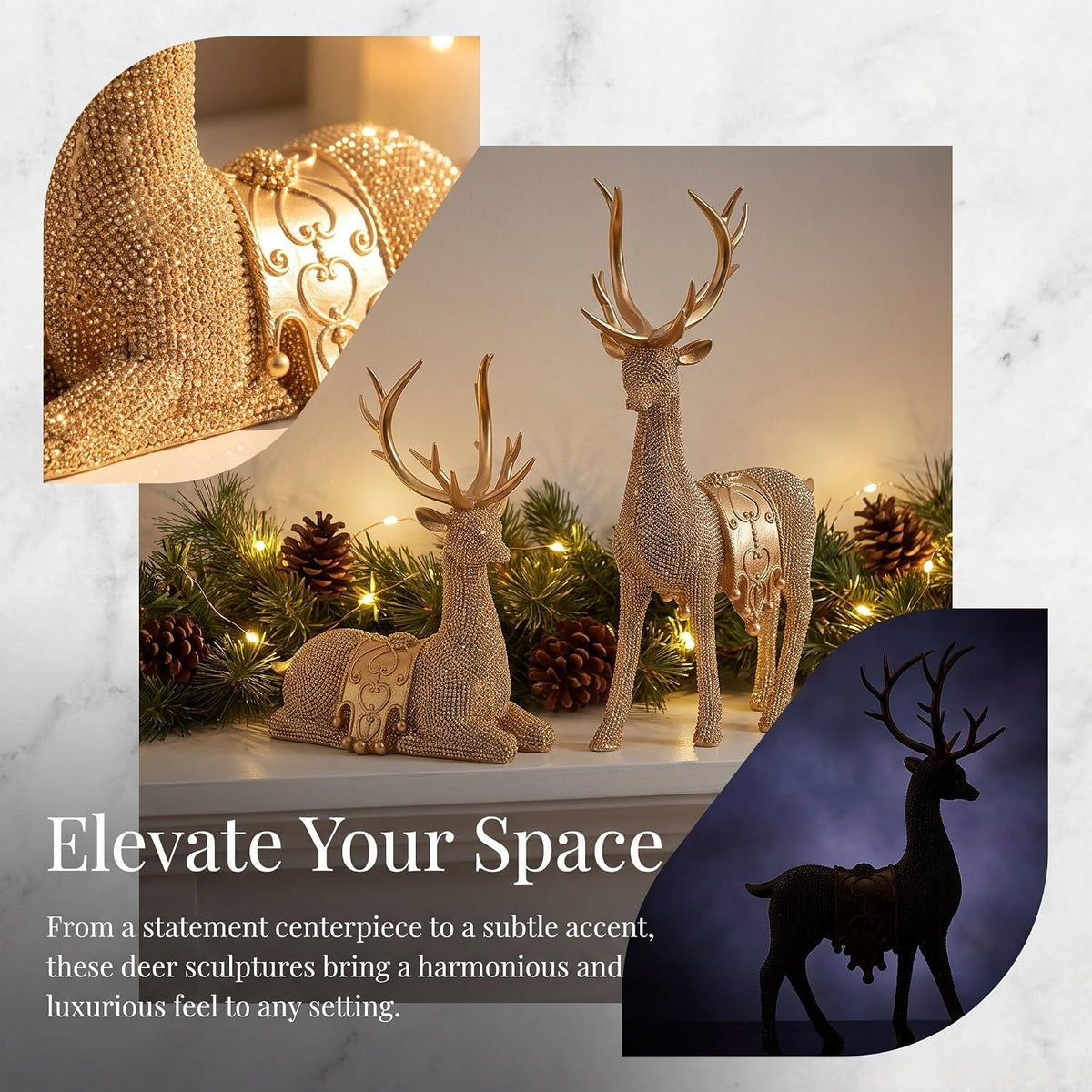 Xmas Resin Deer Figurines, Golden Elk Statue Pair for Mantel