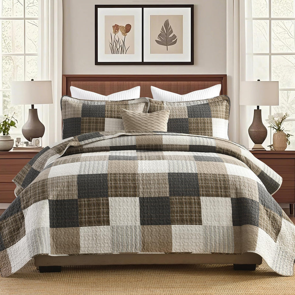 100% Cotton Quilt, Lodge Cabin Plaid Quilted Bedspread