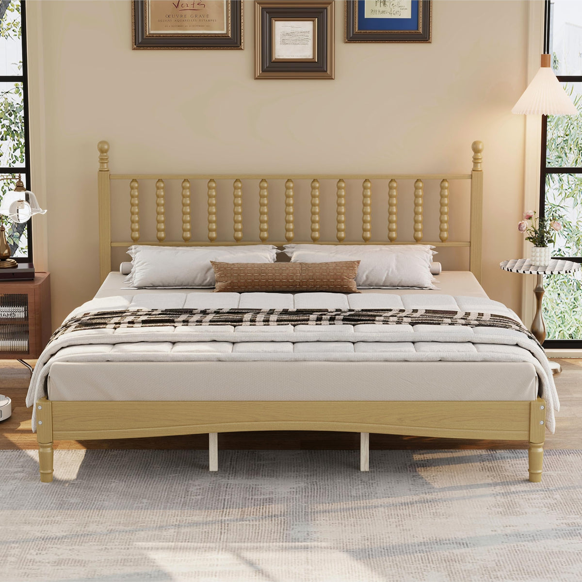 Natural Spindle Bed Frame with Wooden Headboard