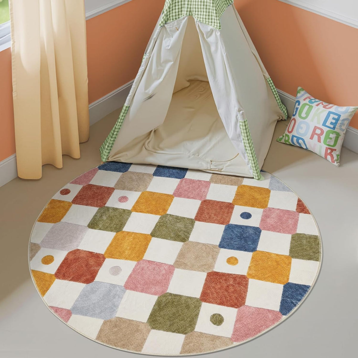 Round Kids Rug 5ft Washable Playroom Rug Colorful Nursery Play Mat