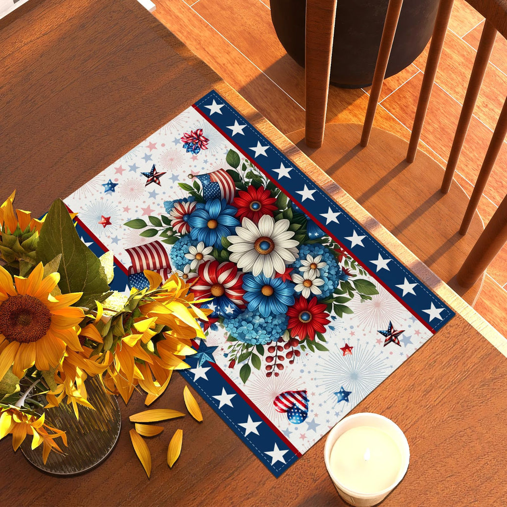 Memorial Day Patriotic 4th of July Placemats Set of 4,Red White and Blue Flowers Table Decor Veterans Day