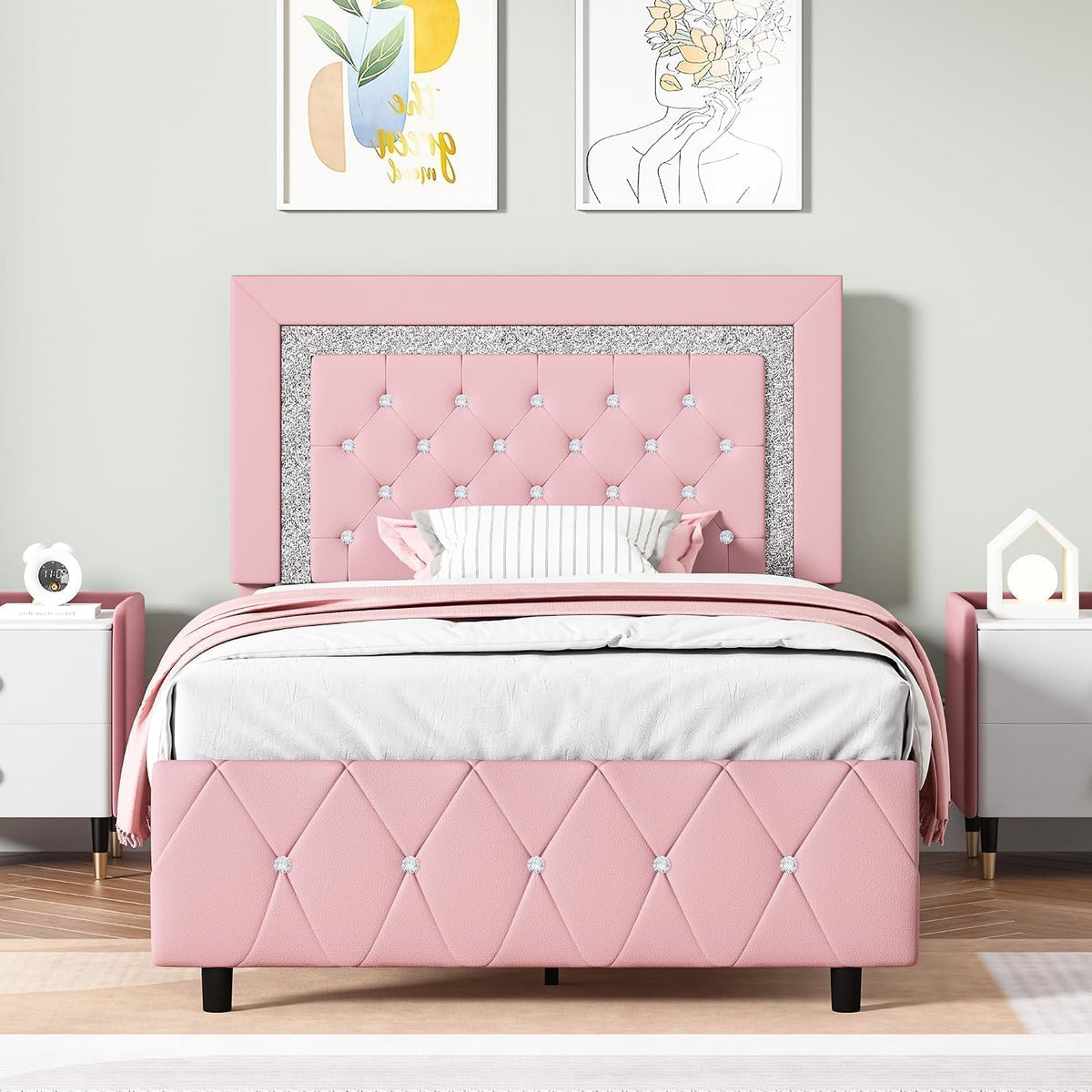 Twin Bed Frame with Headboard, Princess Twin Bed Frames for Kids | Faux Leather Upholstered Bed with Diamond Tufted