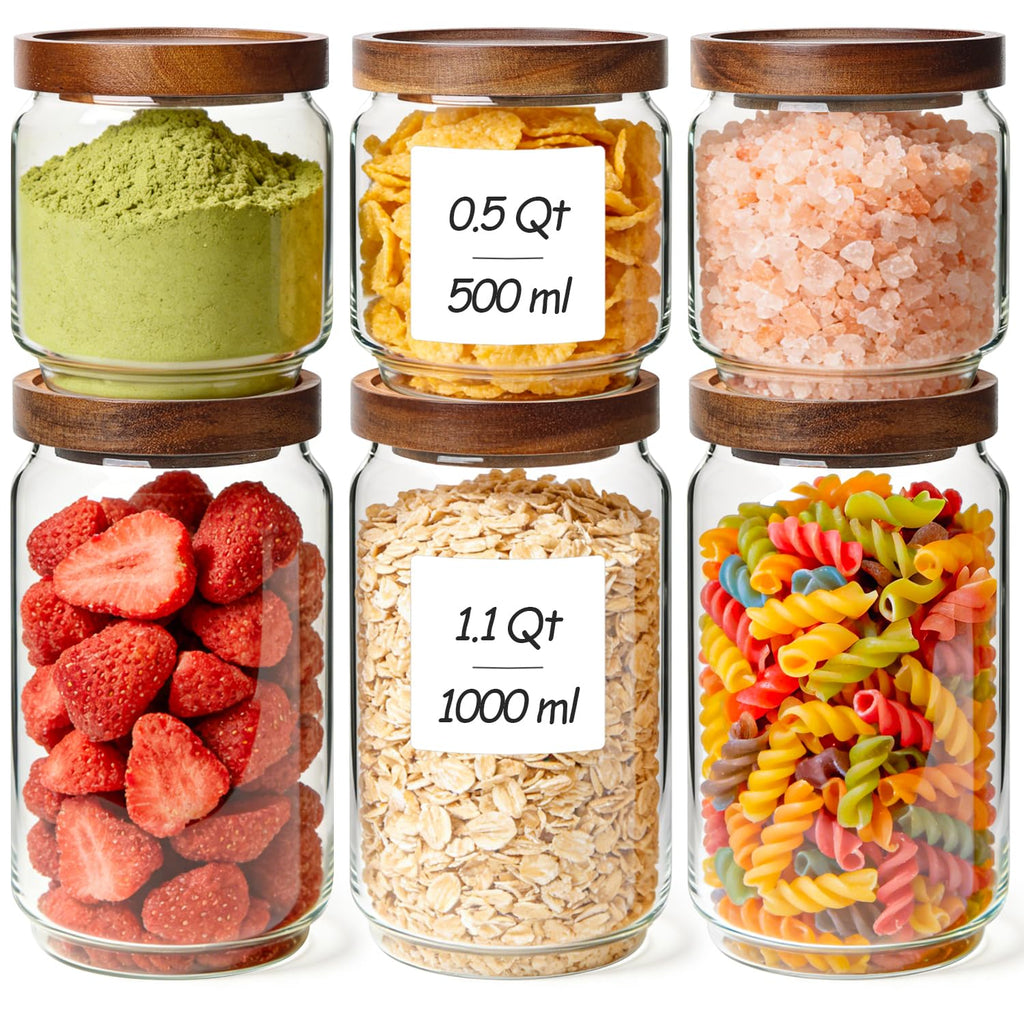 Glass Pantry Storage Container with Acacia Wood Lids 1.1/0.5Qt 6Pack