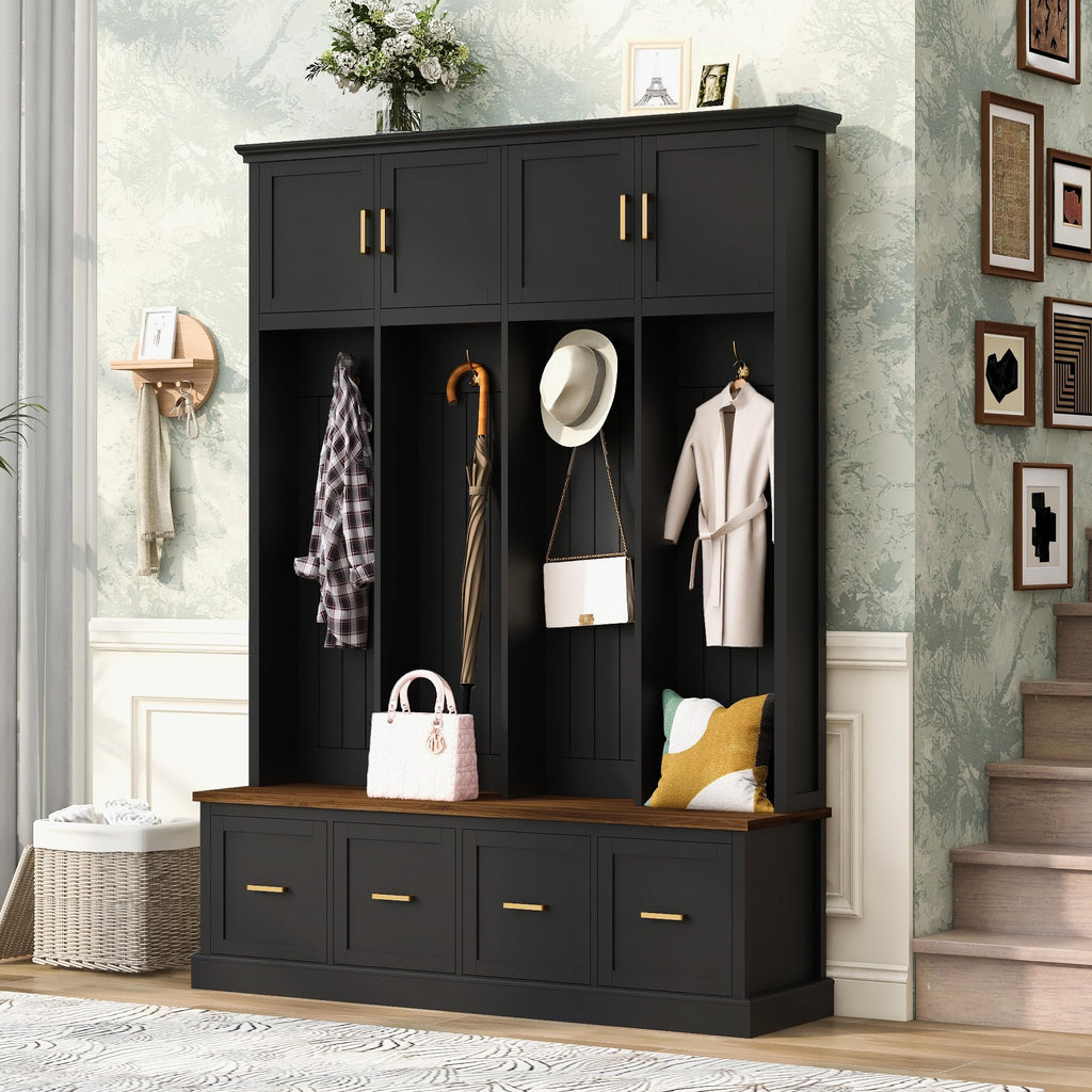 Farmhouse Entryway Hall Tree with Hooks, Cabinets & Drawers