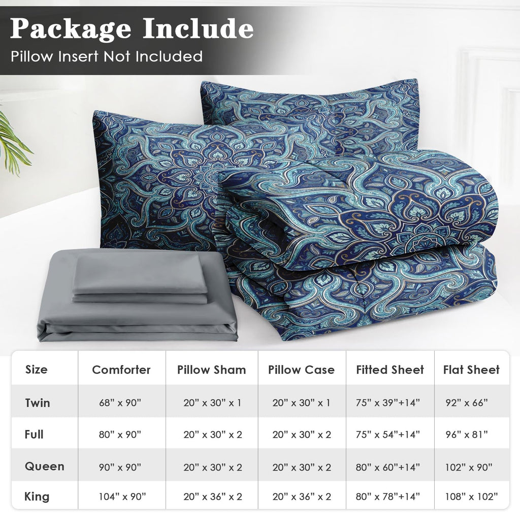 Comforter Set with Sheets, 7 Pieces Mandala Paisley Bedding