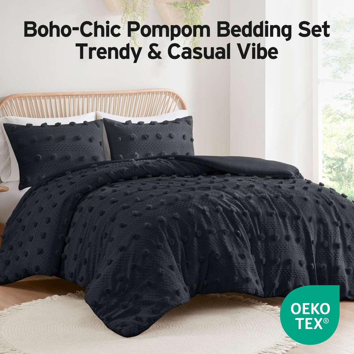 Duvet Cover Set, Clipped Jacquard Duvet Set Chic Pompom Accent