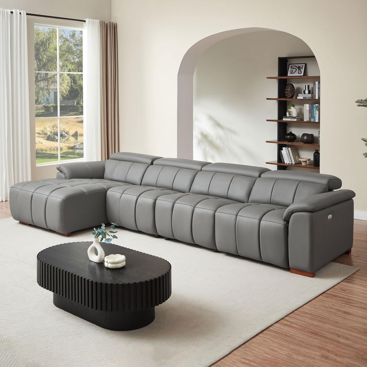 144.87'' Genuine Leather Sectional Sofa Couch with Chaise Lounge & Electric Recliner Seat, Large Modern High-End