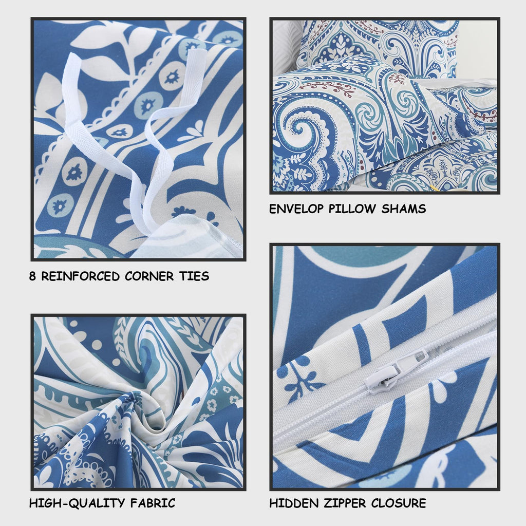 100% Cotton Duvet Cover Queen Size - Blue Damask Queen Duvet Cover Set with Zipper Closure & 8 Corner Ties, 3 Pieces